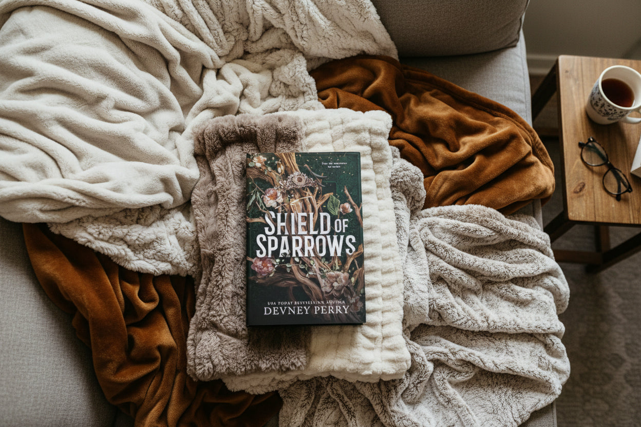 Book cover of 'Shield of Sparrows' with decorative elements and author's name.