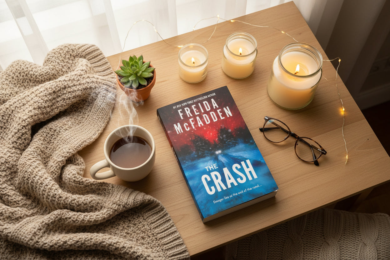 Book cover of 'The Crash' by Freida McFadden with a snowy road scene.