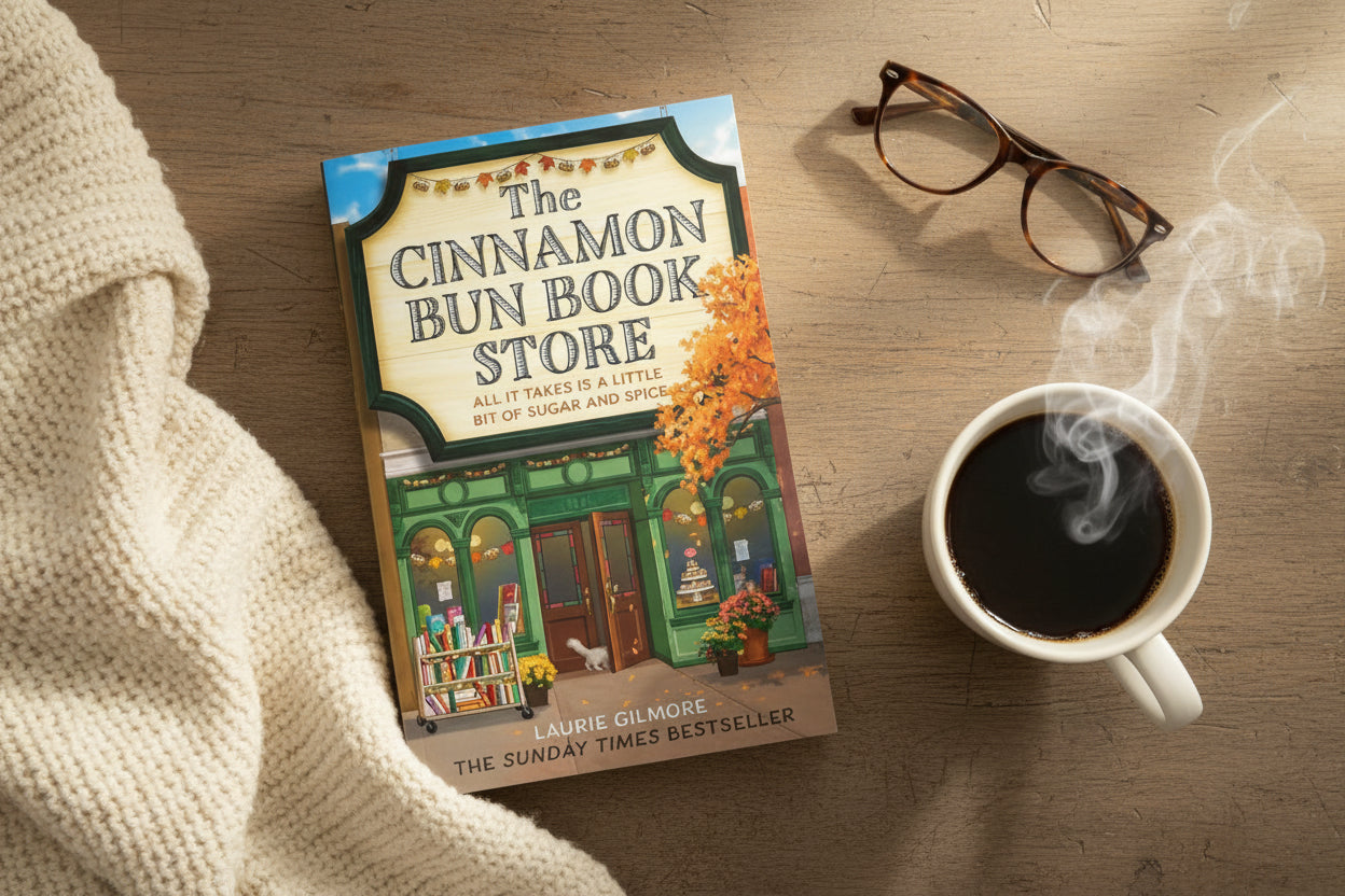 Book cover of 'The Cinnamon Bun Book Store' by Laurie Gilmore with a store facade and autumn decorations.