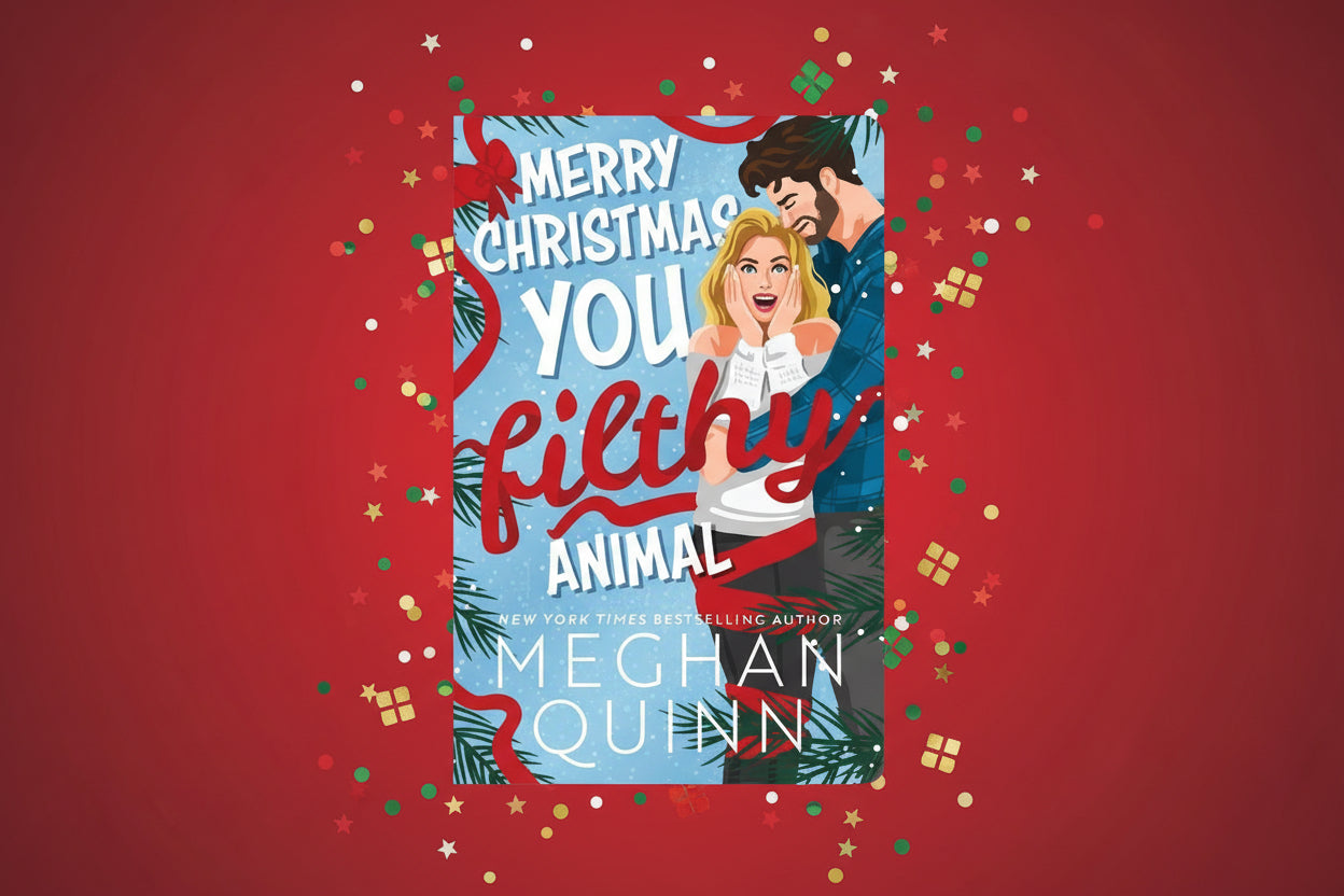 Book cover of 'Merry Christmas You Filthy Animal' by Meghan Quinn with a couple embracing and festive design.