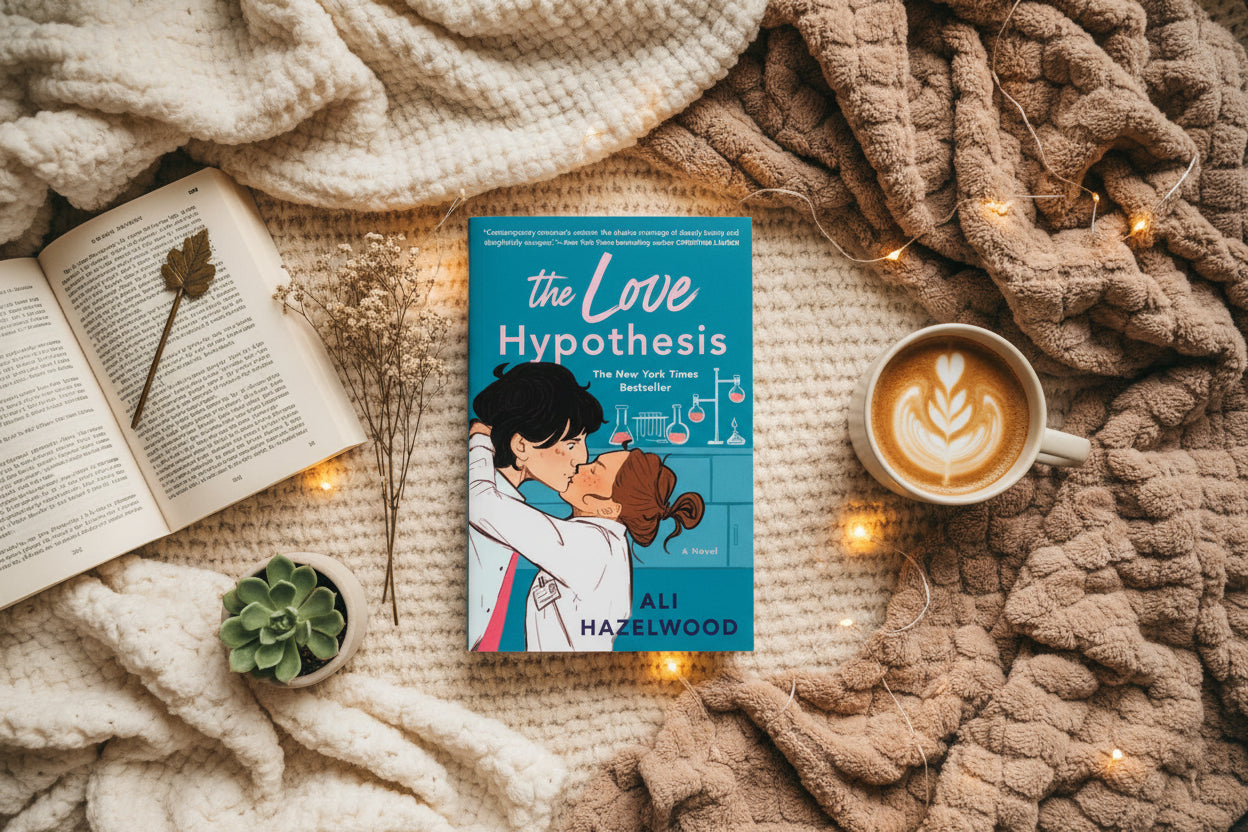 Book cover of 'The Love Hypothesis' by Ali Hazelwood with a couple embracing and laboratory equipment.