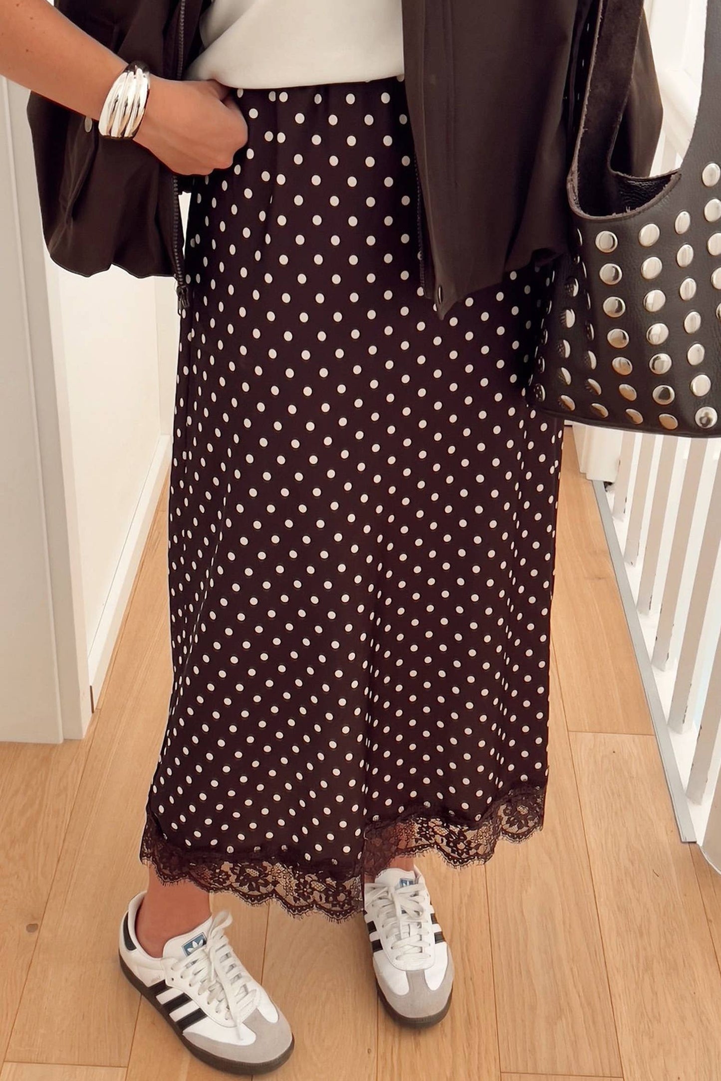Polka Dot Lace Trim Maxi Skirt