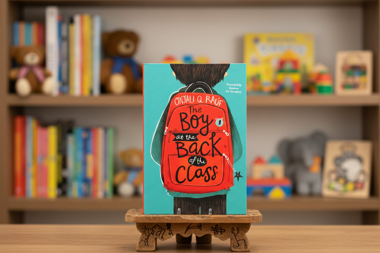 Book cover of 'The Boy at the Back of the Class' with a red backpack and turquoise background