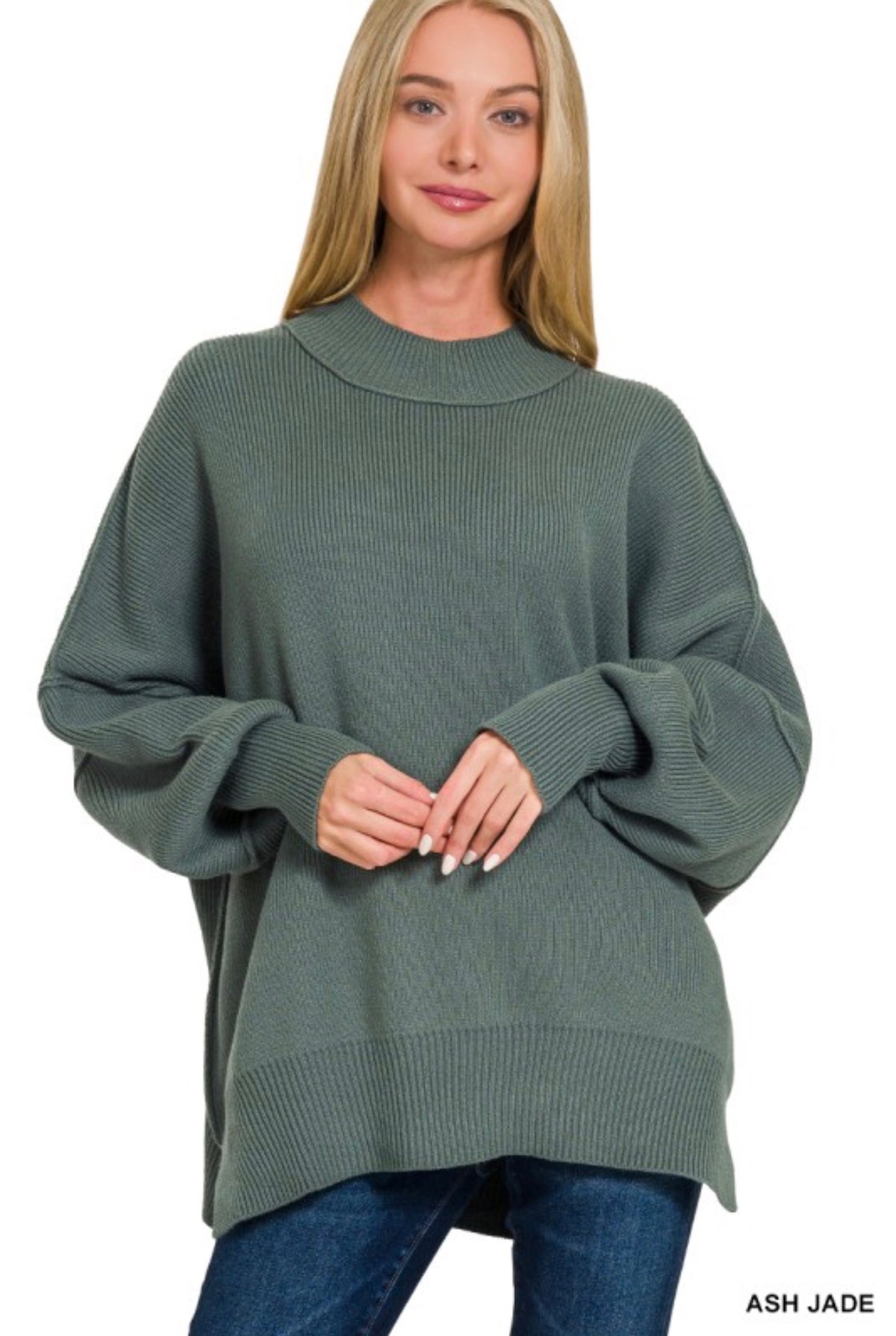 Side Slit Oversized Sweater- Ash Jade