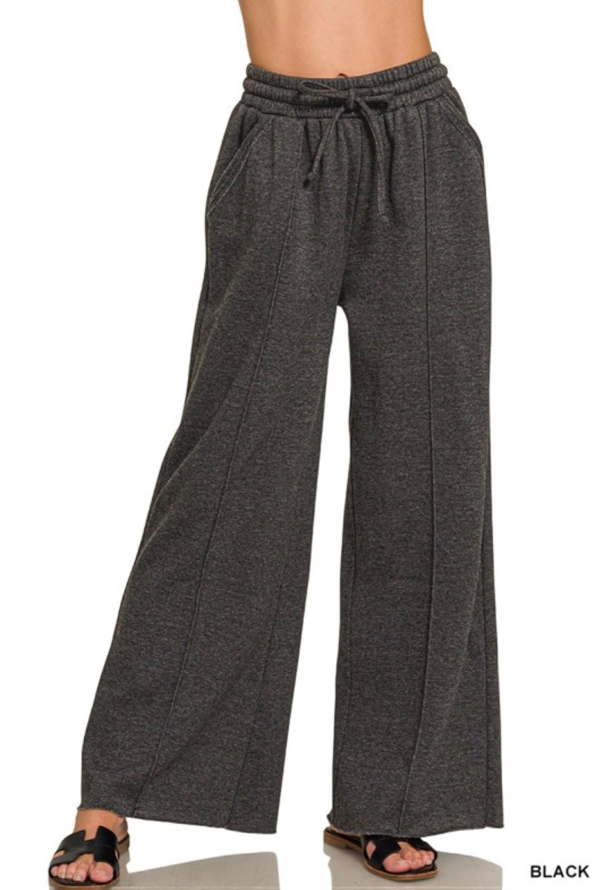 Black- Washed Fleece Wide Leg Pants