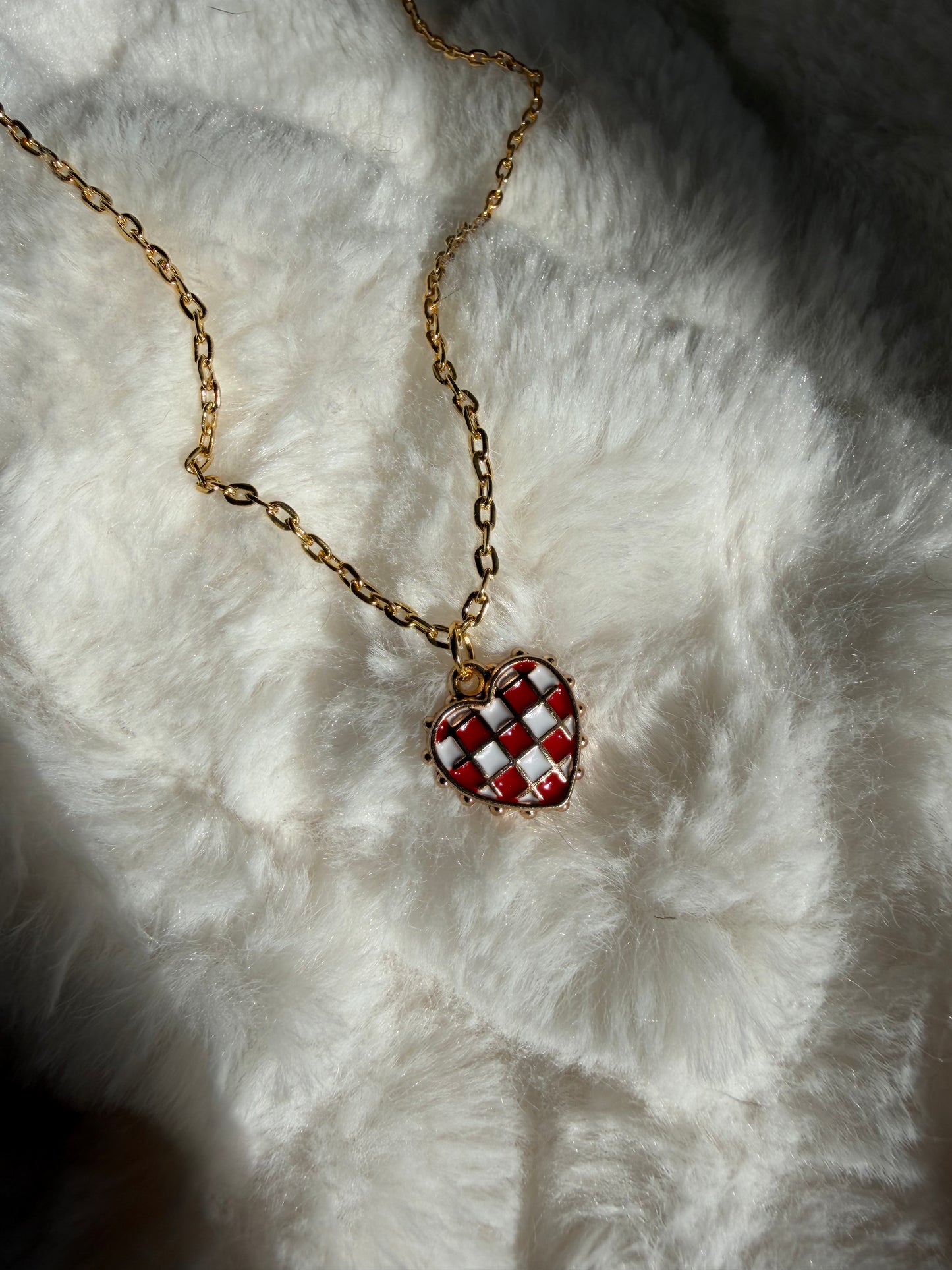 Checkered Heart Dainty Gold Necklace-Red