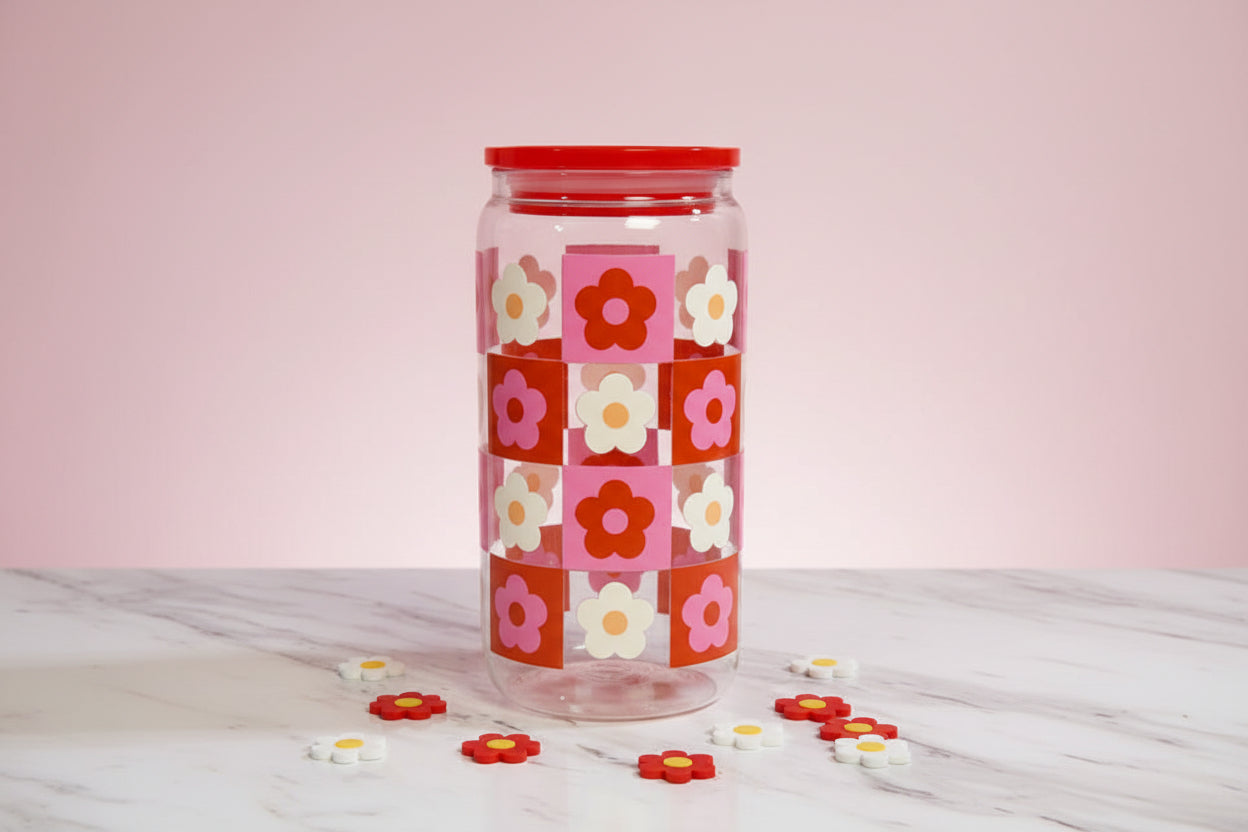 Pink Daisy Checkerboard 16oz Glass Cup