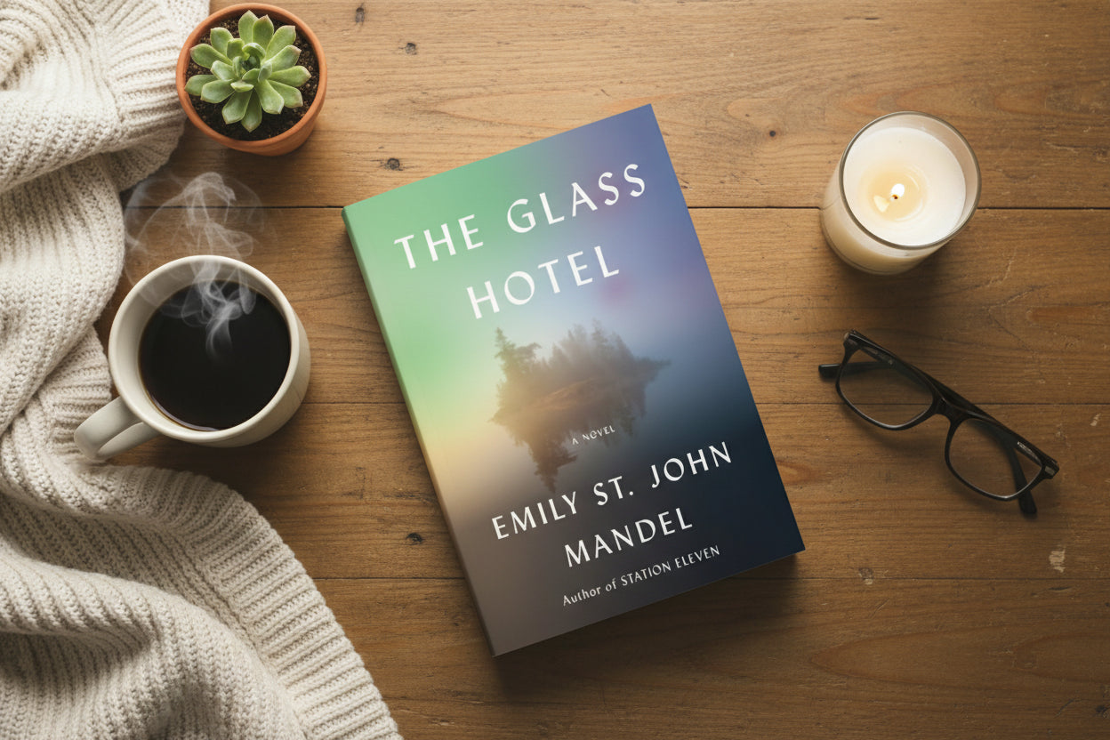 Book cover of 'The Glass Hotel' by Emily St. John Mandel with a blurred forest silhouette.
