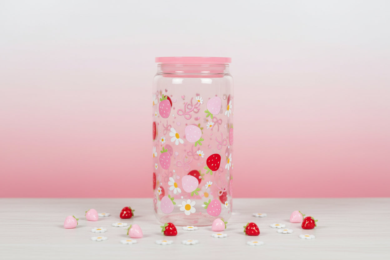 Strawberries and Bows 16oz Glass Cup