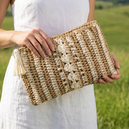 Paper Straw Crochet Clutch With Tassel Zipper