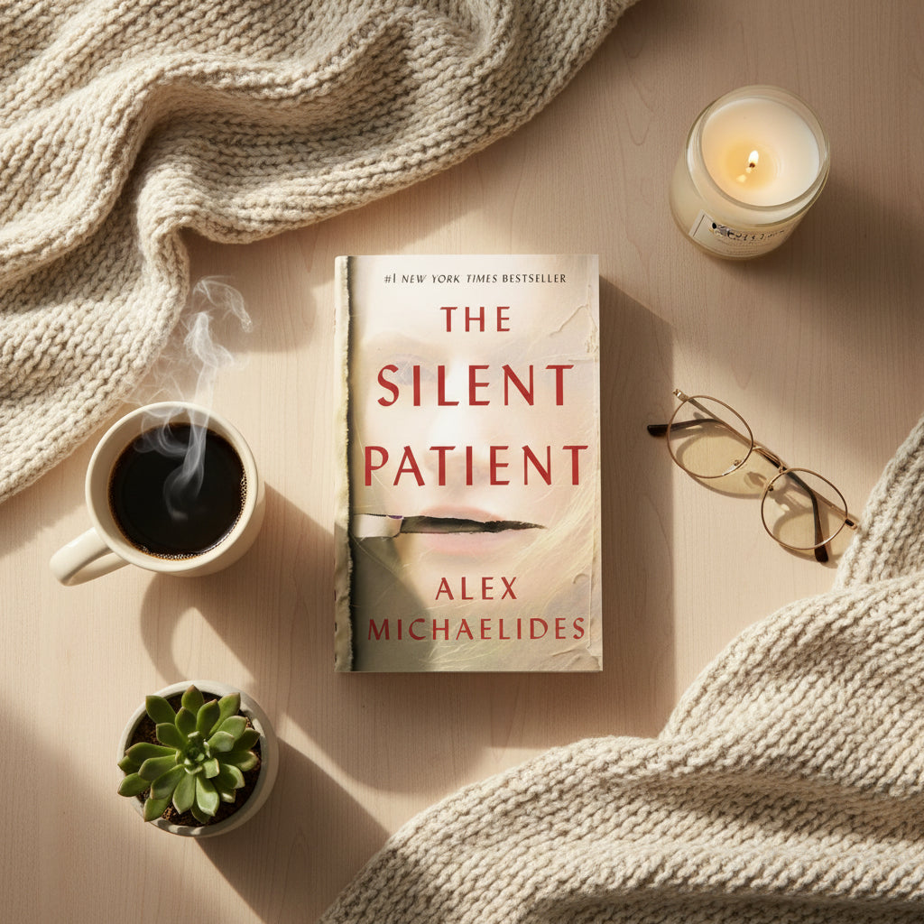 Book cover of 'The Silent Patient' by Alex Michaelides with a blurred face and red text.