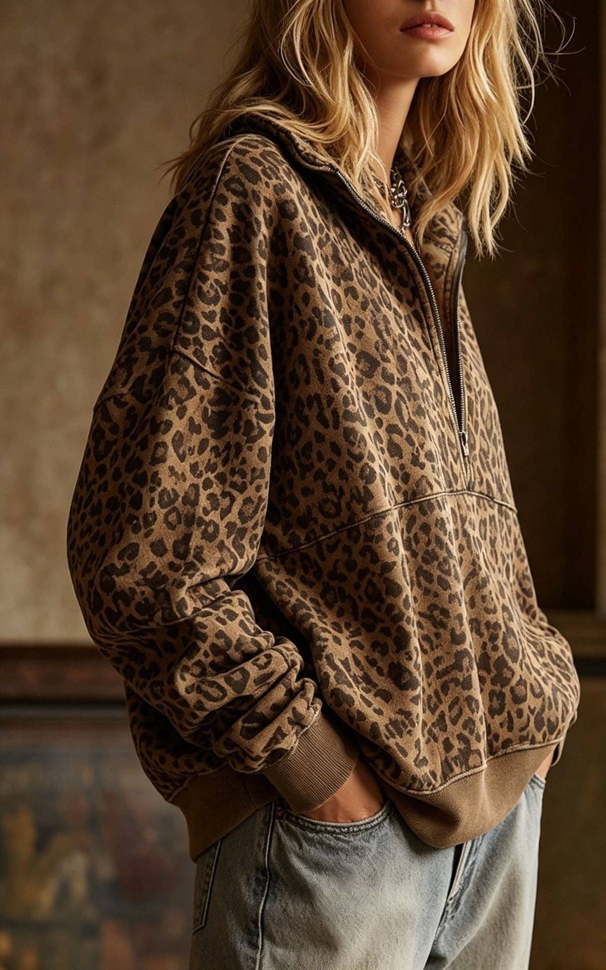 Leopard Print Half Zip