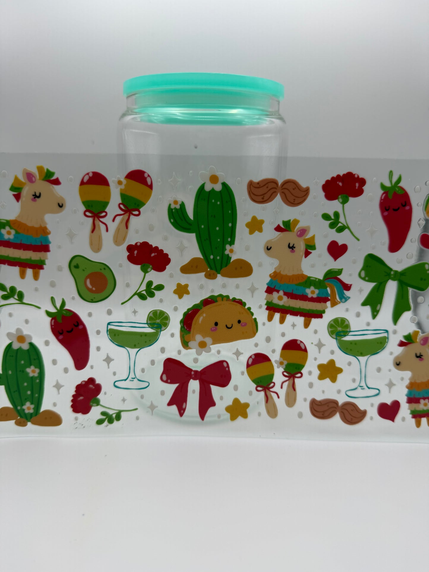 16oz Glass Cup with lid and straw (assorted designs)