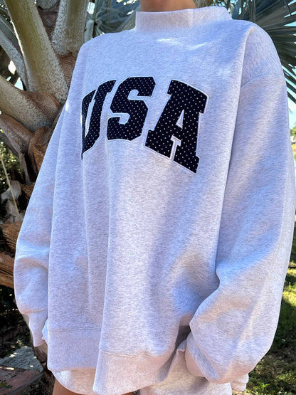 Pearl Grey Navy Blue Polka Dot USA Mockneck Sweatshirt