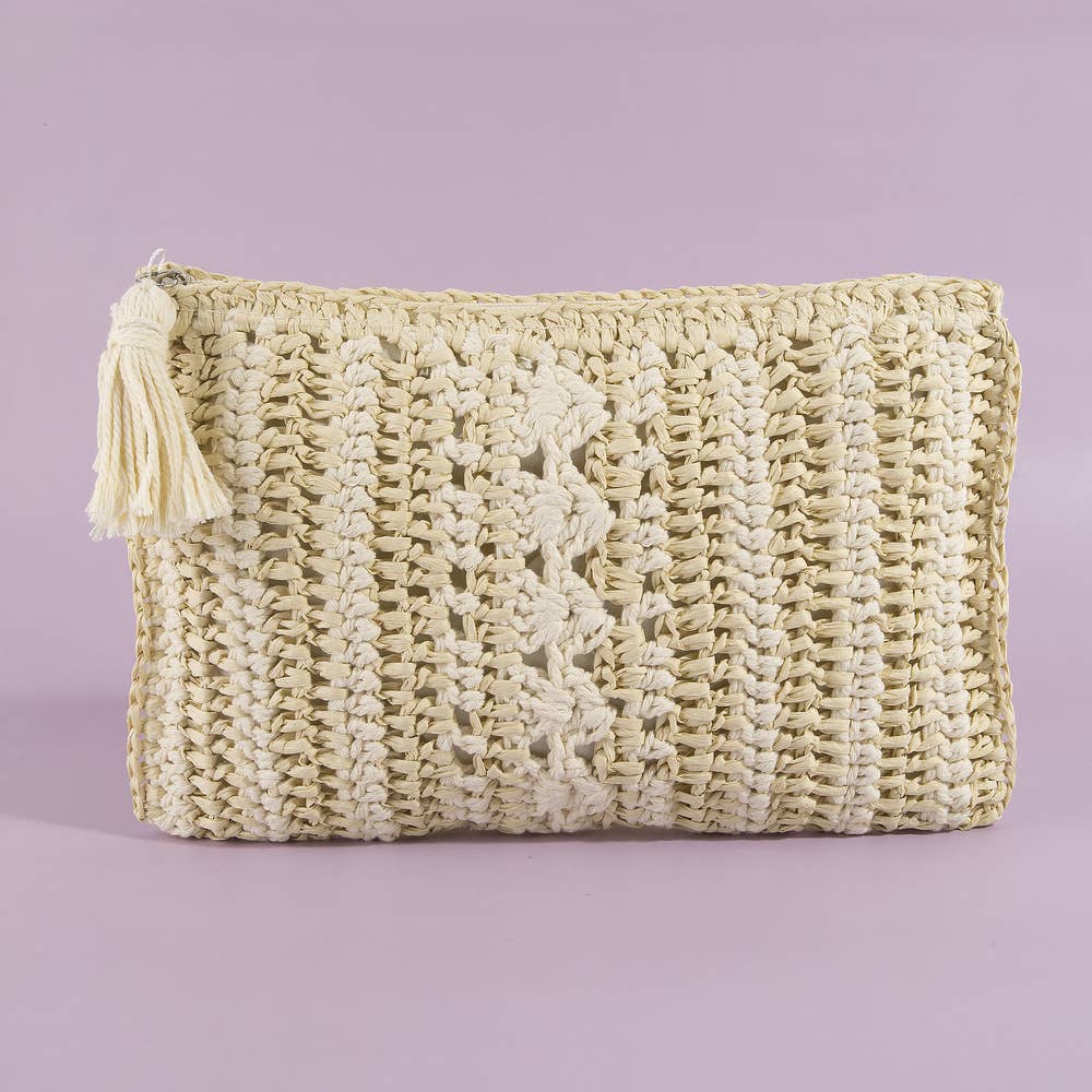 Paper Straw Crochet Clutch With Tassel Zipper