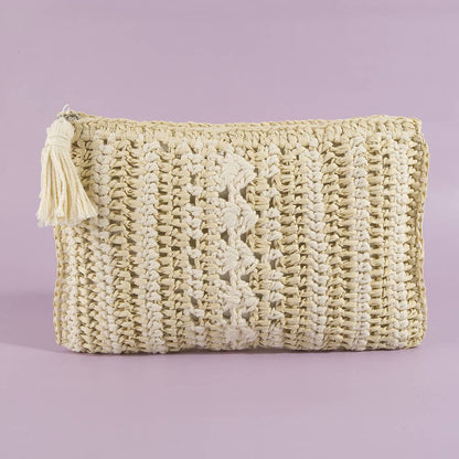 Paper Straw Crochet Clutch With Tassel Zipper