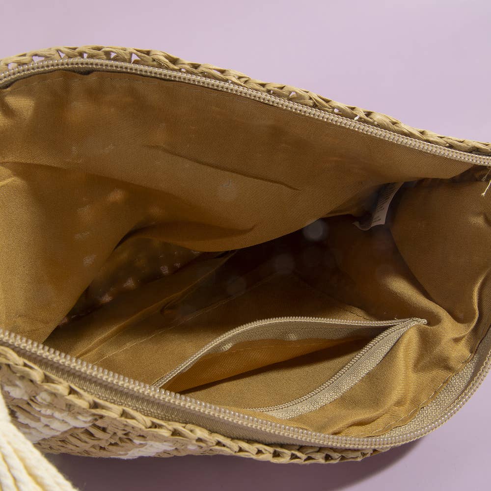 Paper Straw Crochet Clutch With Tassel Zipper