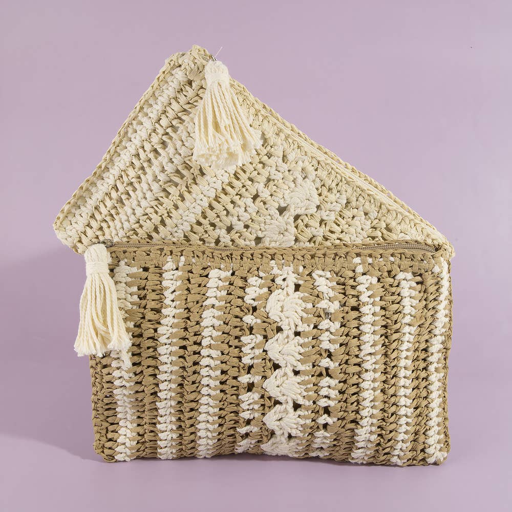 Paper Straw Crochet Clutch With Tassel Zipper