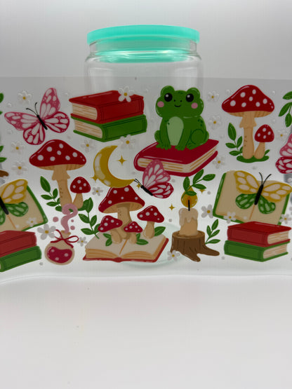 16oz Glass Cup with lid and straw (assorted designs)