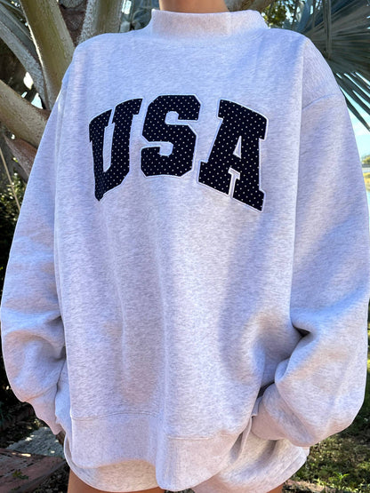 Pearl Grey Navy Blue Polka Dot USA Mockneck Sweatshirt