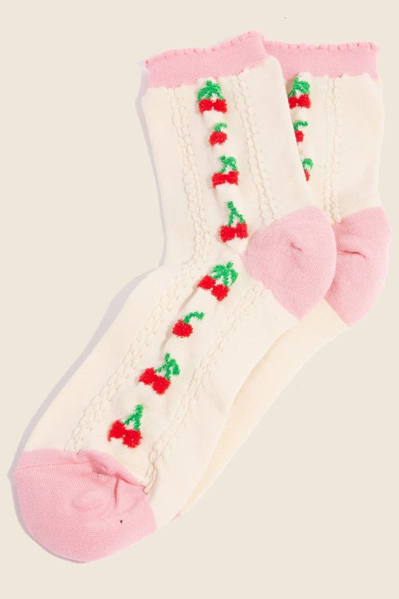 Pink Accent Cherry Embroidered Beige Socks
