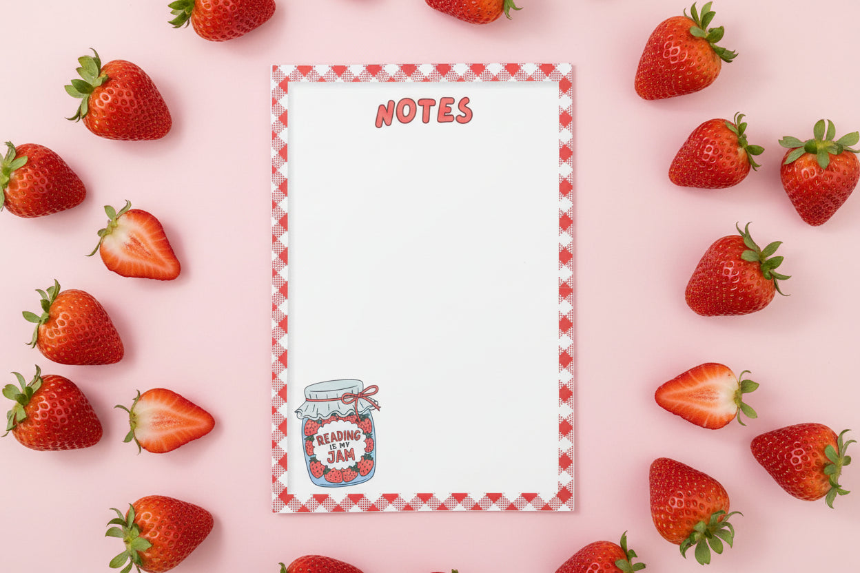 Notepad with a jar of jam illustration on a red and pink checkered background