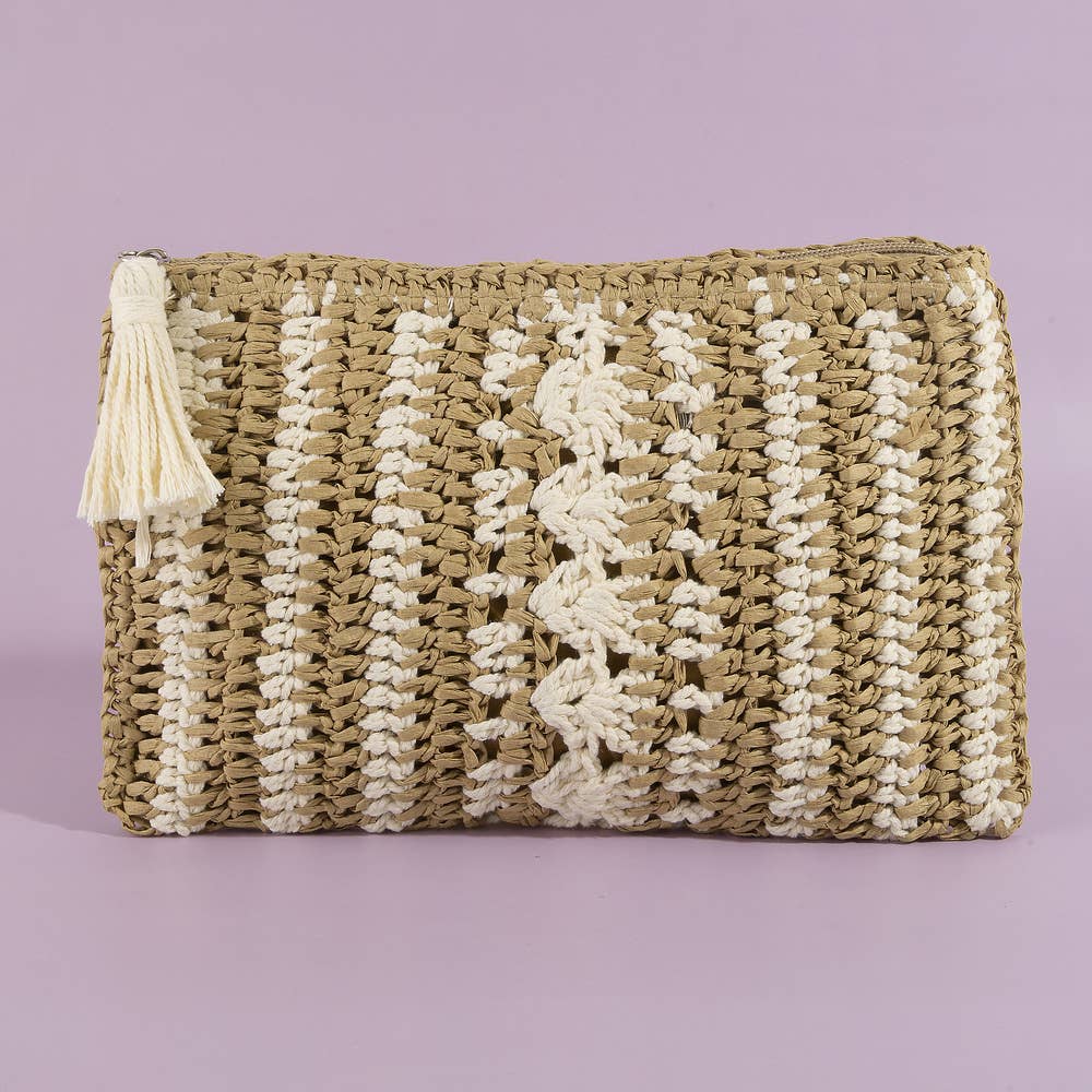 Paper Straw Crochet Clutch With Tassel Zipper