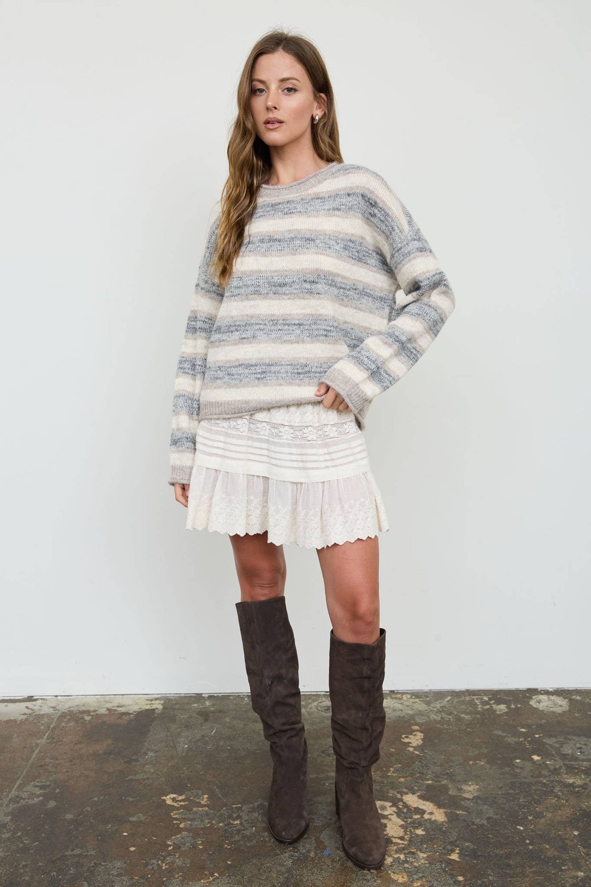 Light Mocha Striped Knit Pullover