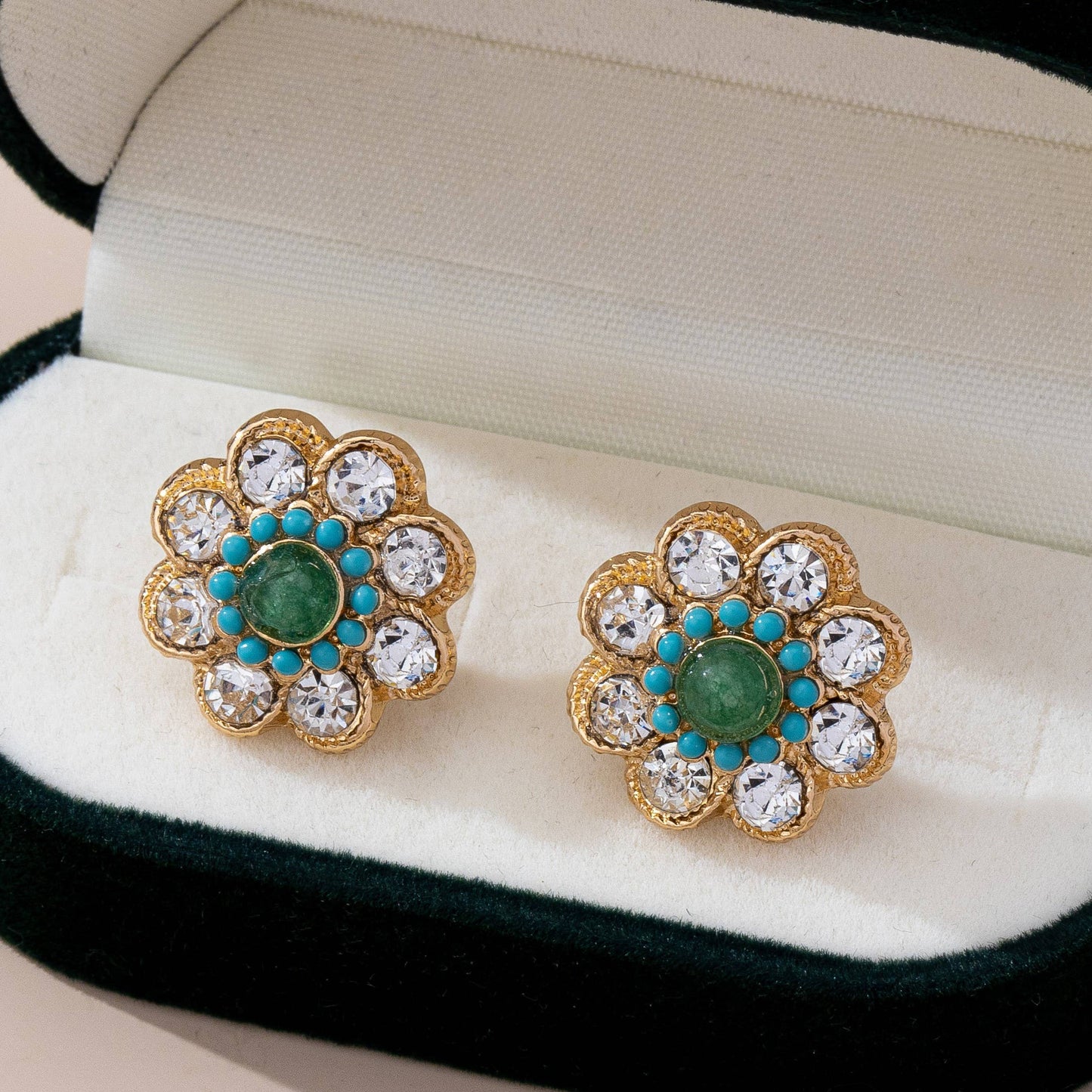 Turquoise & Crystal Flower Stud Earrings
