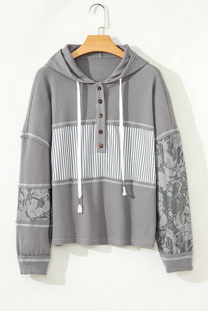 Stripe Waffle Patchwork Hooded Long Sleeve Top