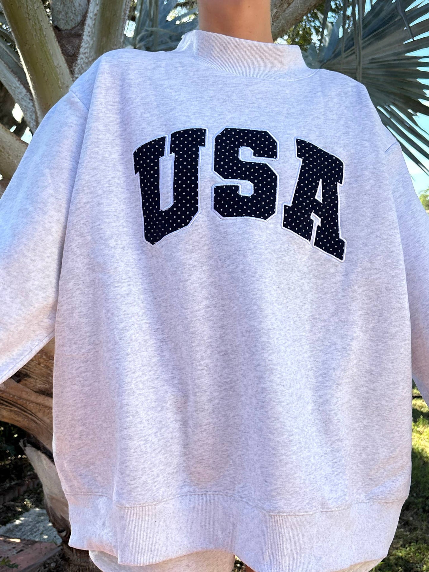 Pearl Grey Navy Blue Polka Dot USA Mockneck Sweatshirt