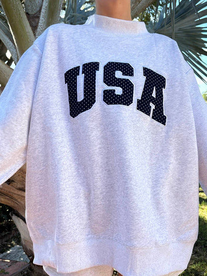 Pearl Grey Navy Blue Polka Dot USA Mockneck Sweatshirt