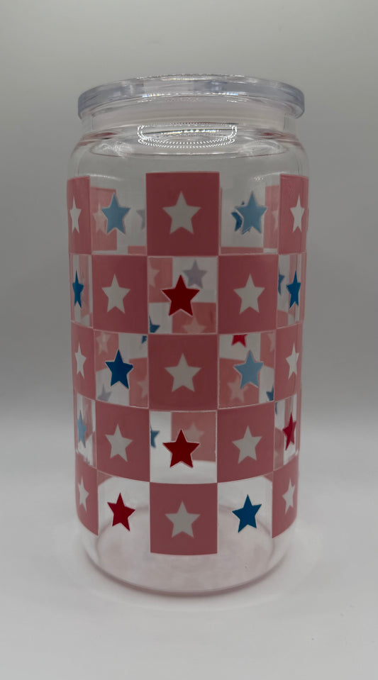 Red, White and Blue Stars 16oz Glass Cup