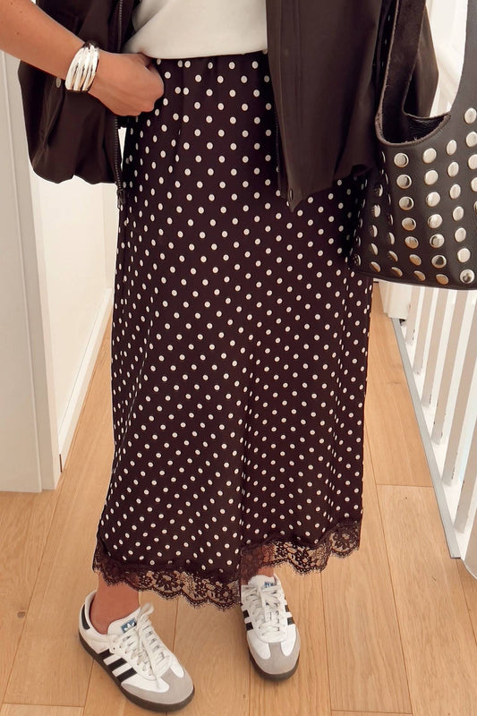 Polka Dot Lace Trim Maxi Skirt