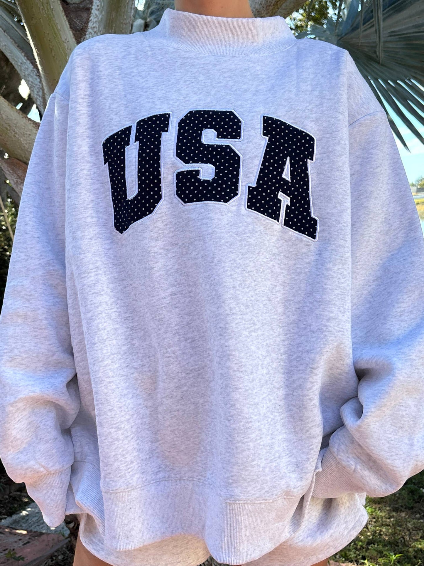 Pearl Grey Navy Blue Polka Dot USA Mockneck Sweatshirt