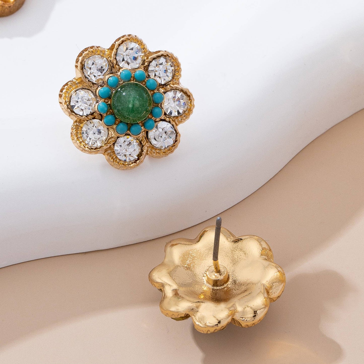 Turquoise & Crystal Flower Stud Earrings
