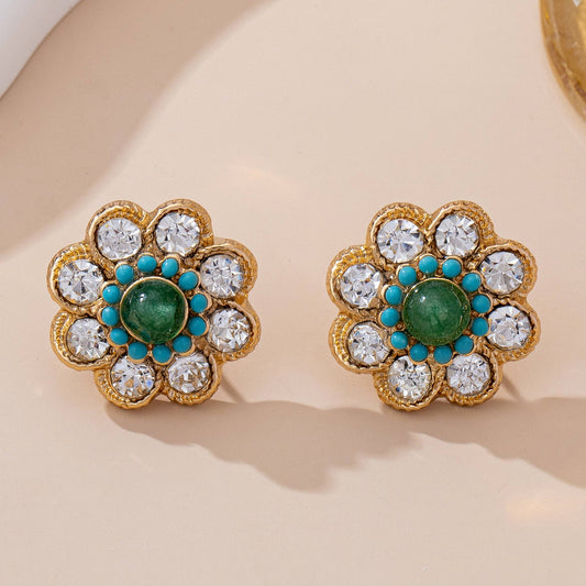 Turquoise & Crystal Flower Stud Earrings