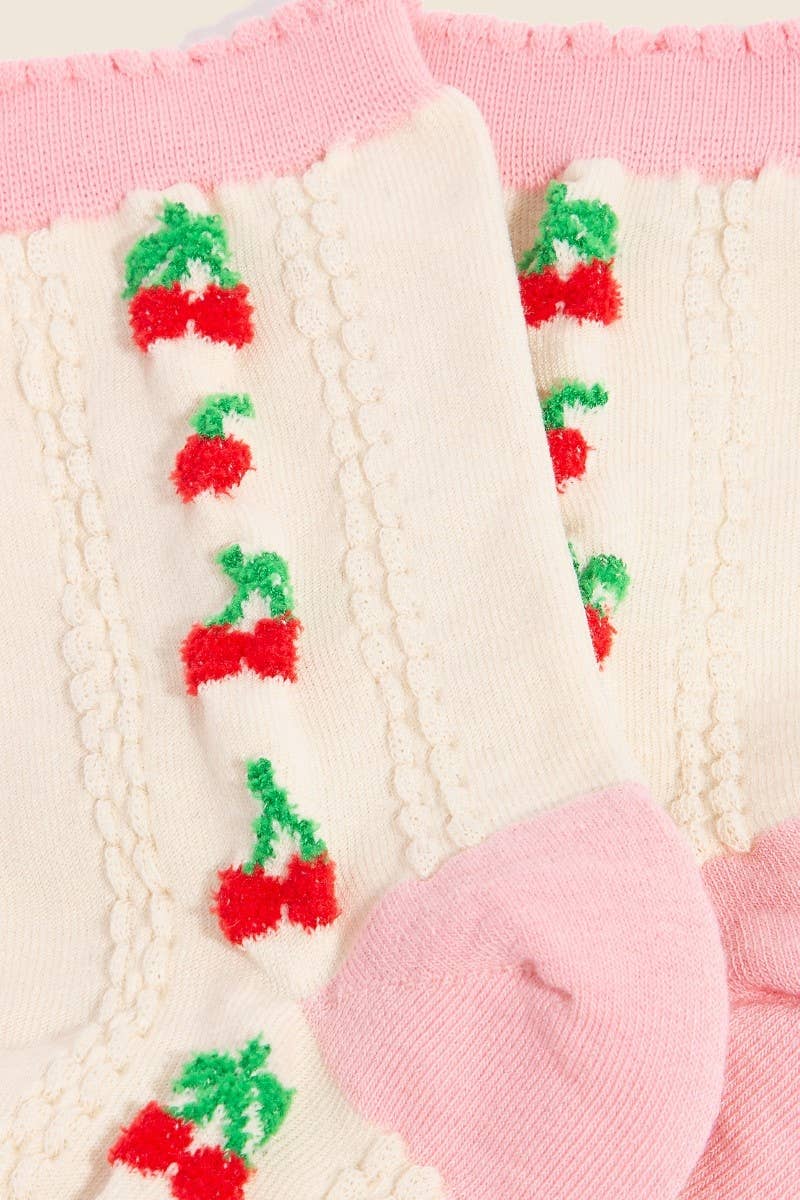 Pink Accent Cherry Embroidered Beige Socks