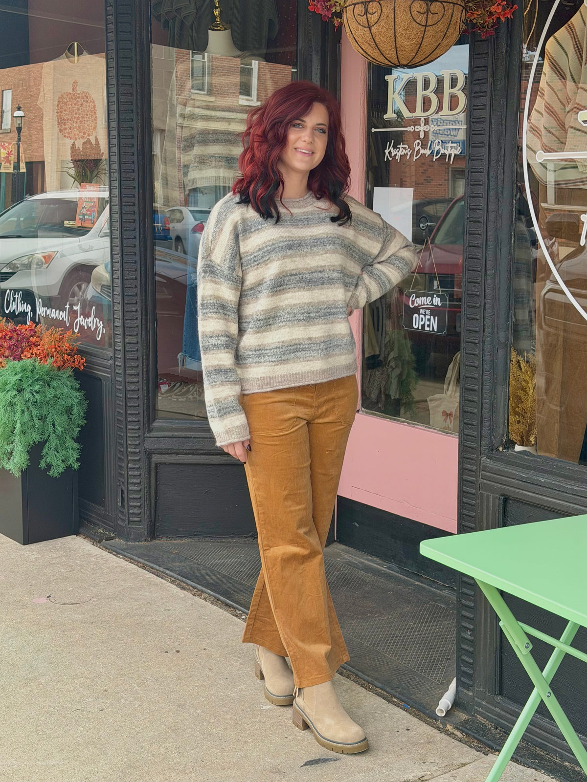 Light Mocha Striped Knit Pullover