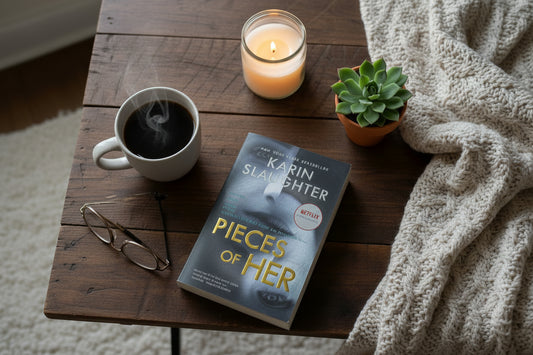 Book cover of 'Pieces of Her' by Karin Slaughter with a Netflix logo on a gray background