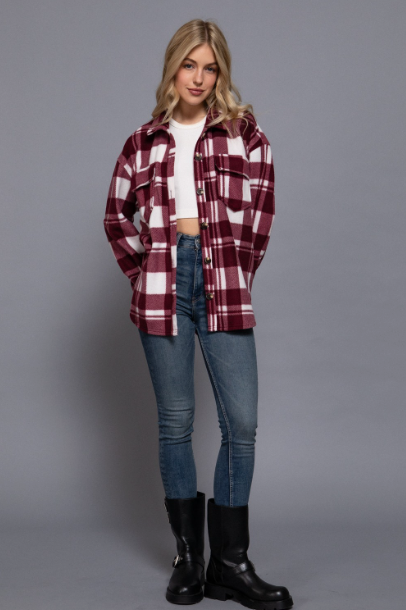 Sweater Weather Plaid Fleece Shacket- Burgundy