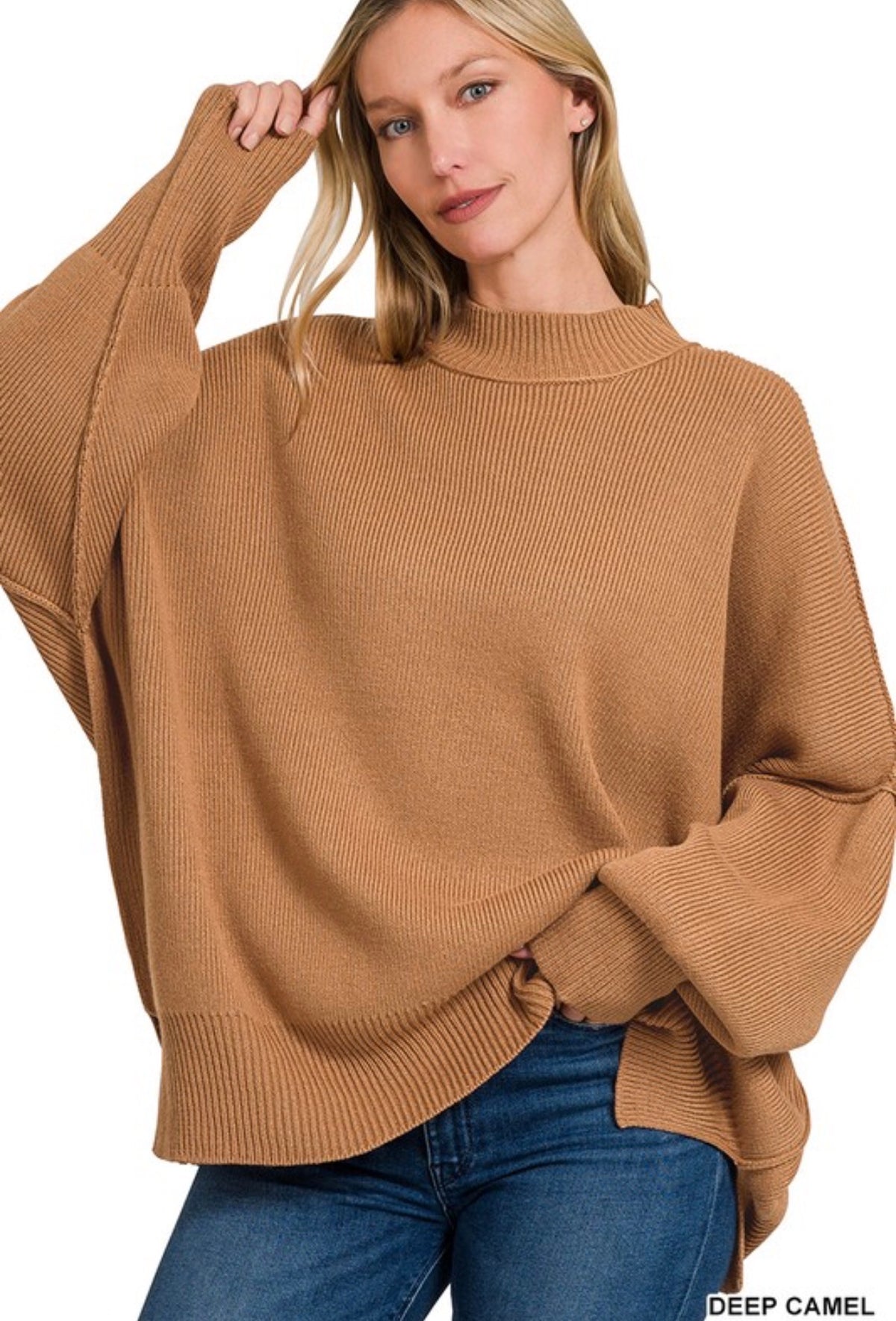 Side Slit Oversized Sweater-Deep Camel