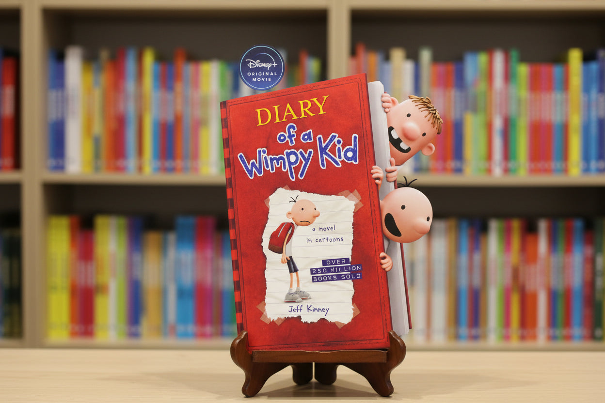 Book cover of 'Diary of a Wimpy Kid' with cartoon characters and blue lockers in the background