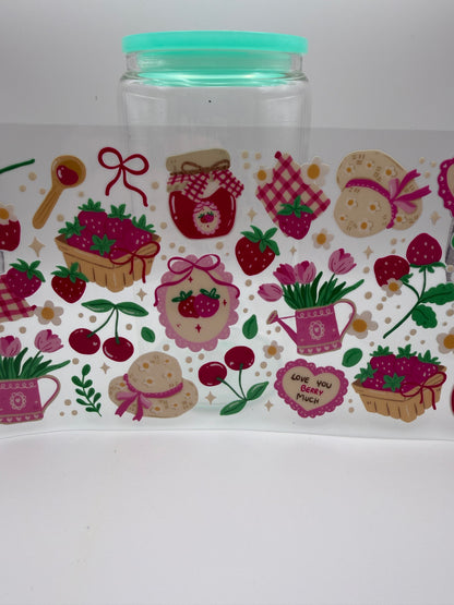 16oz Glass Cup with lid and straw (assorted designs)