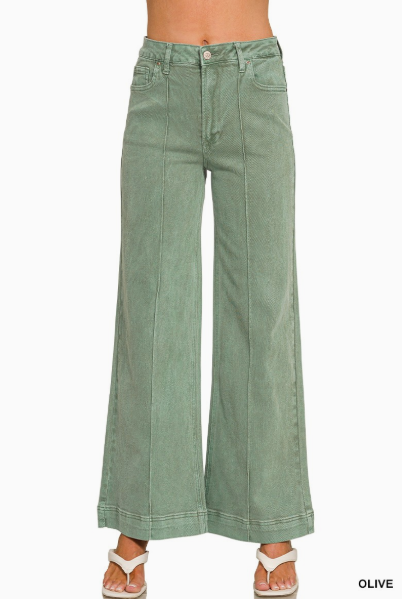 High Rise Wide Leg Denim- Olive