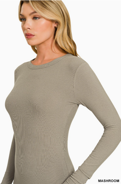 Ribbed Round Neck Long Sleeve T-shirts- Mushroom