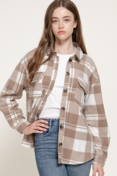 Sweater Weather Plaid Fleece Shacket- Ivory