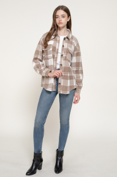 Sweater Weather Plaid Fleece Shacket- Ivory