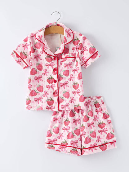 Spring Strawberry Bow Short Sleeve Shorts Pajama Set