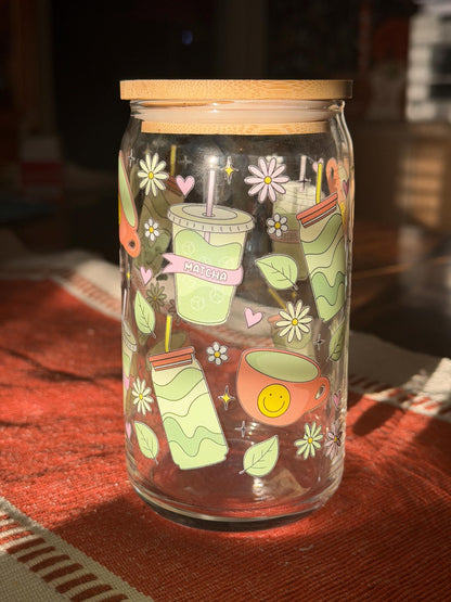 16oz Glass Cup with lid and straw (assorted designs)